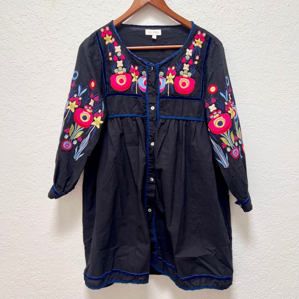 Velzera Black Cotton Embroidered Floral Boho Button Front Tunic Babydoll Dress L